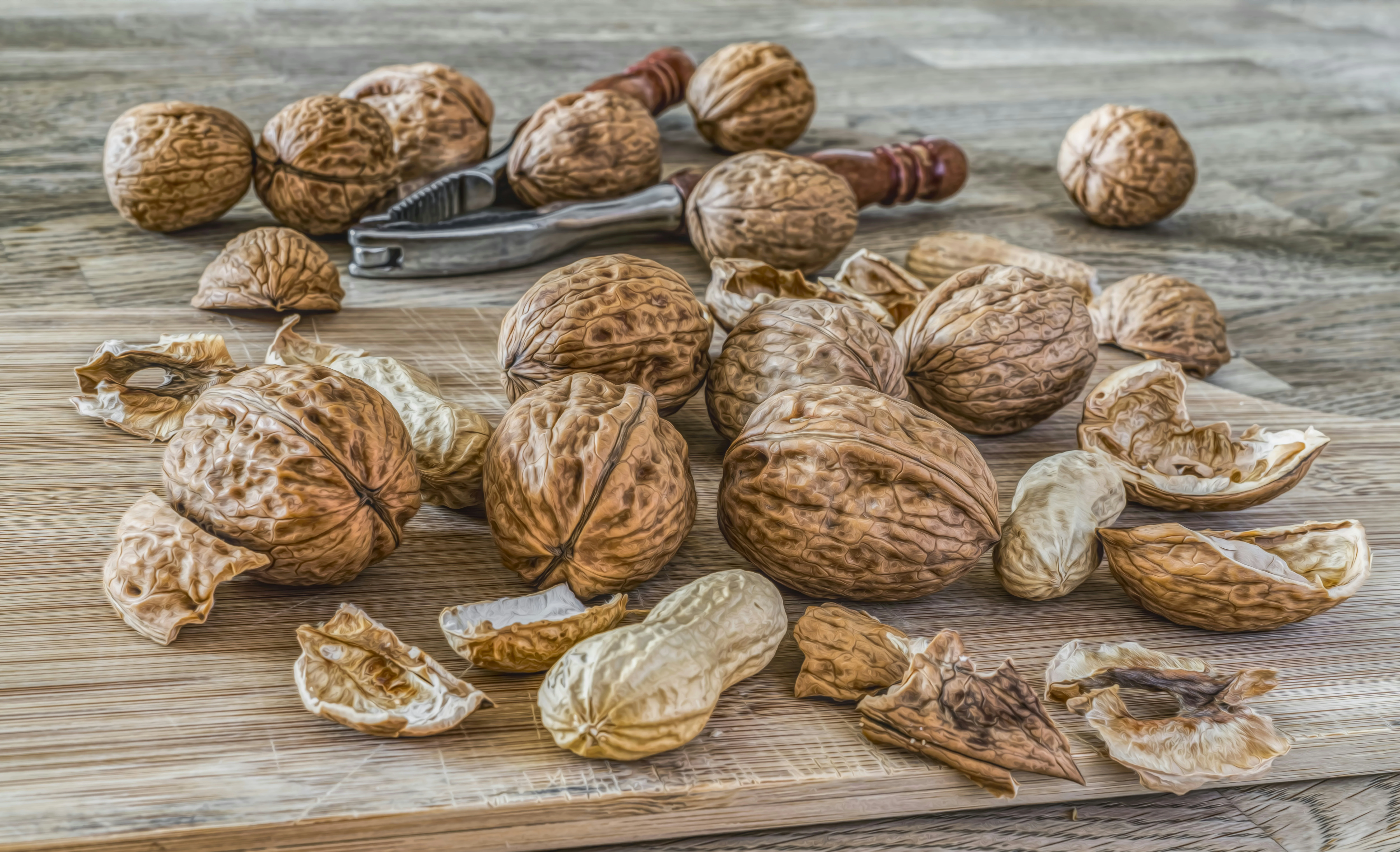walnut fruits on a table, a rustic snapshot from the walnut harvest pantry